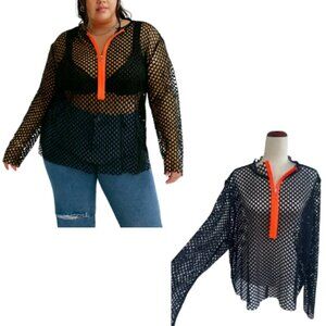 ASOS CURVE Black Mesh Fishnet Quarter Zip Top Neon Orange Size US 24